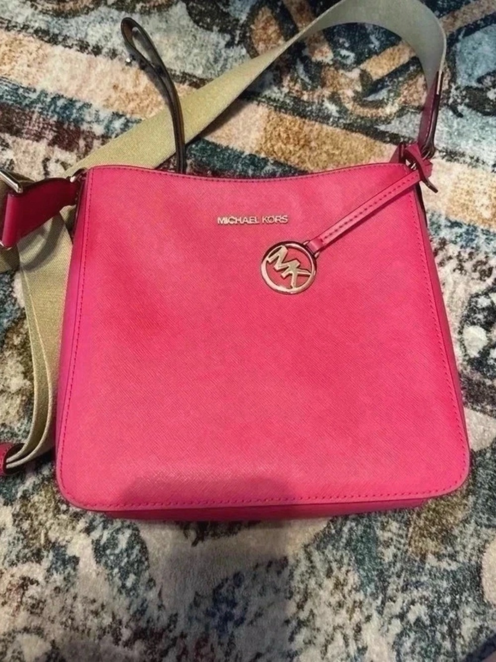 Michael Kors Hot Pink Saffiano Crossbody with Gold Logo